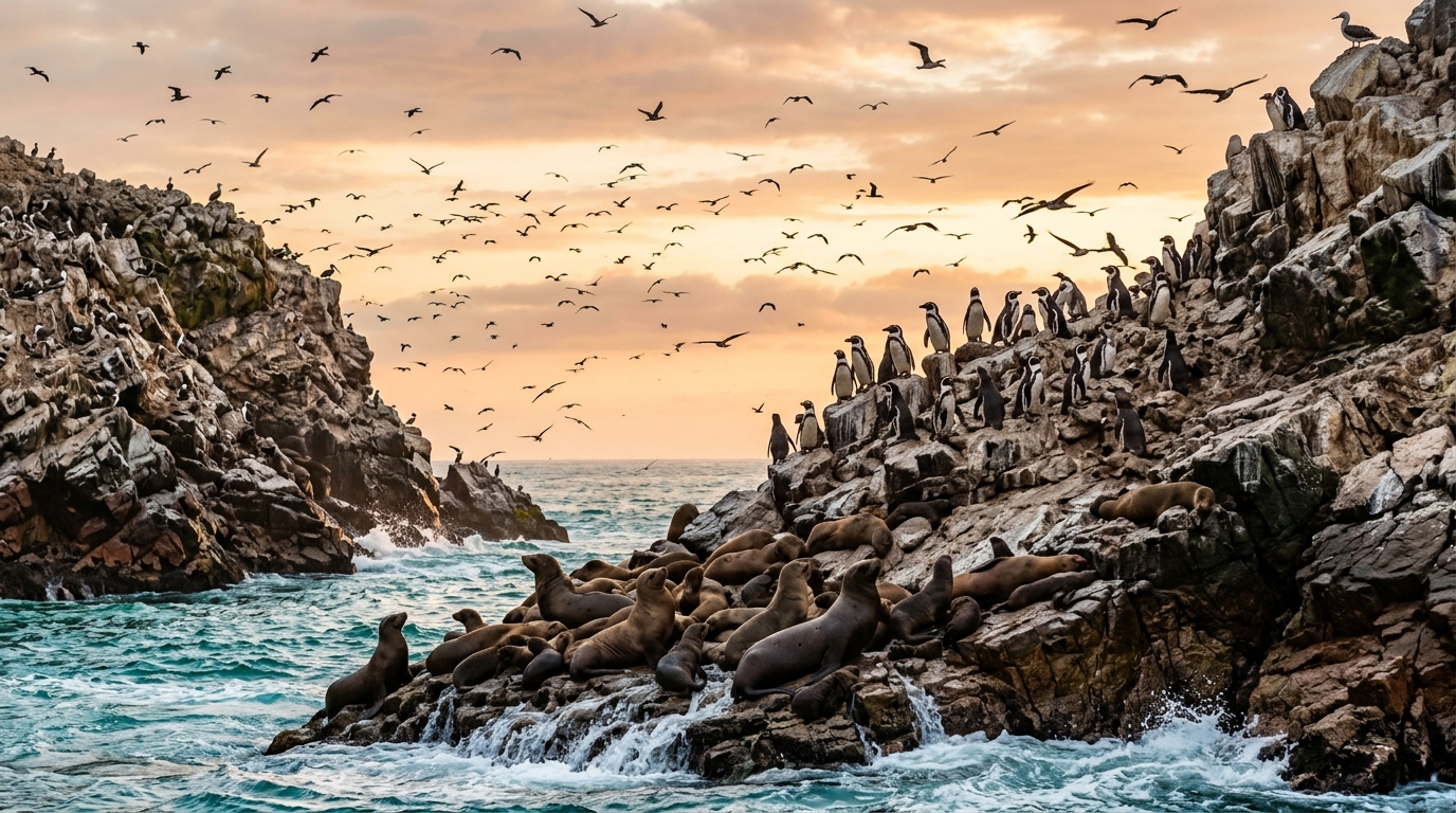 Pingüinos de Humboldt y lobos marinos en las Islas Ballestas y Blancas