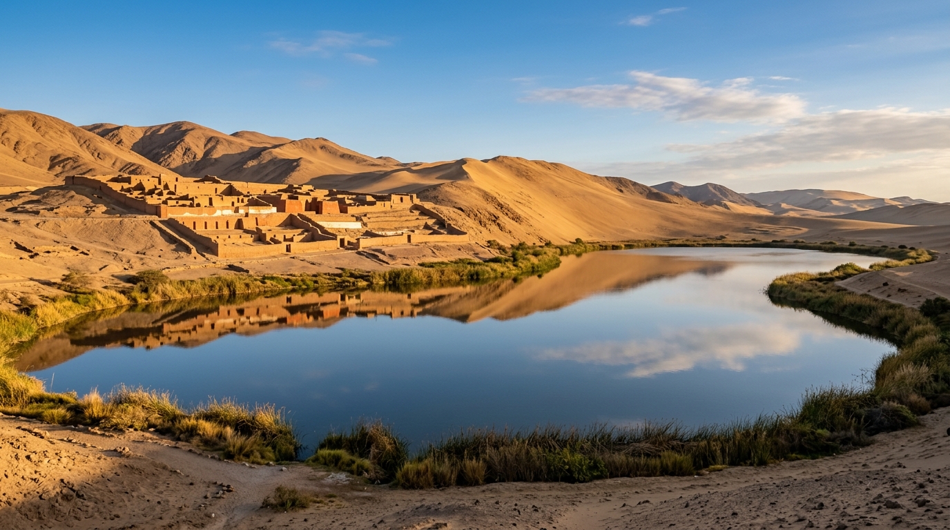 Laguna Morón con la fortaleza inca Tambo Colorado reflejada en el agua