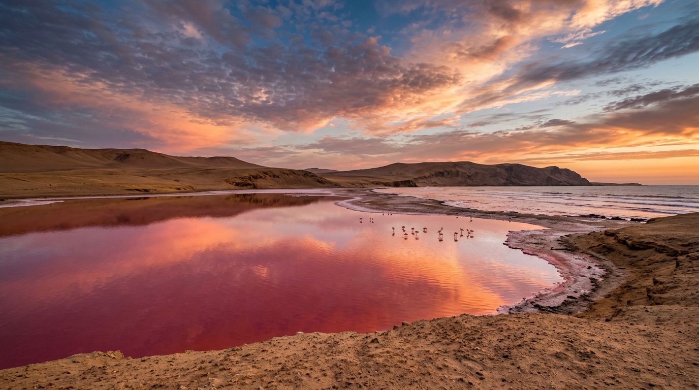 Laguna Rosada de Paracas, aguas de color rosa por algas halófilas al atardecer