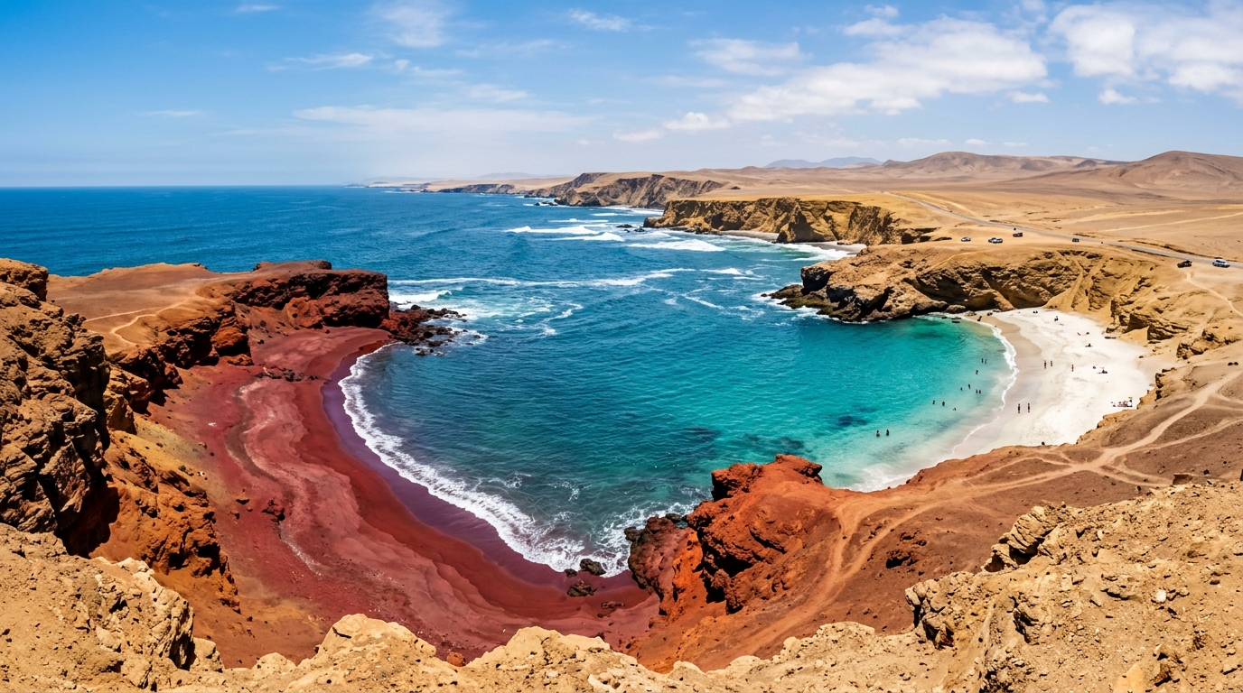 Vista aérea de Playa Roja y Playa La Mina en la Reserva de Paracas