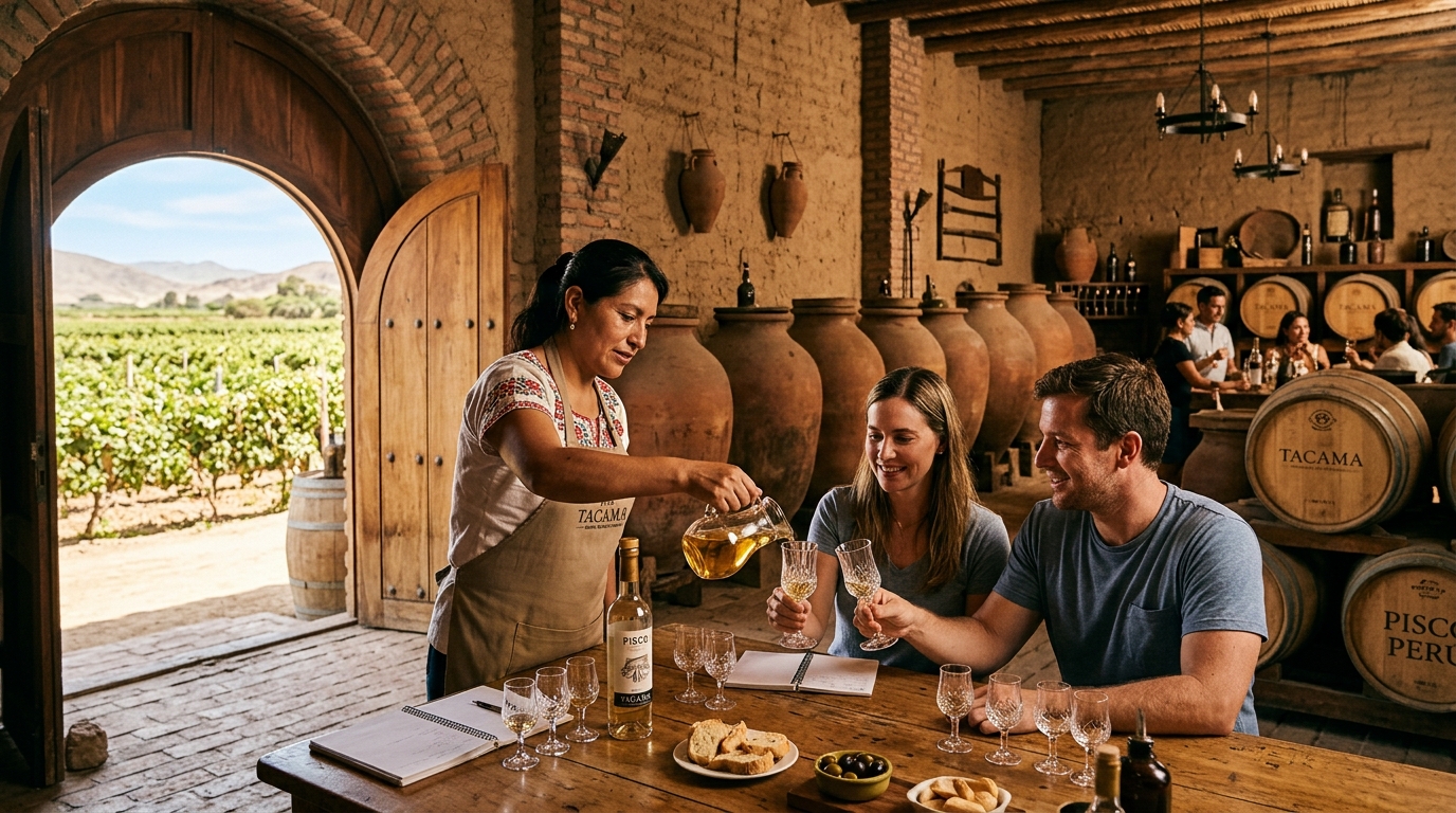 Cata de pisco y vinos en bodega artesanal del valle de Ica, Perú