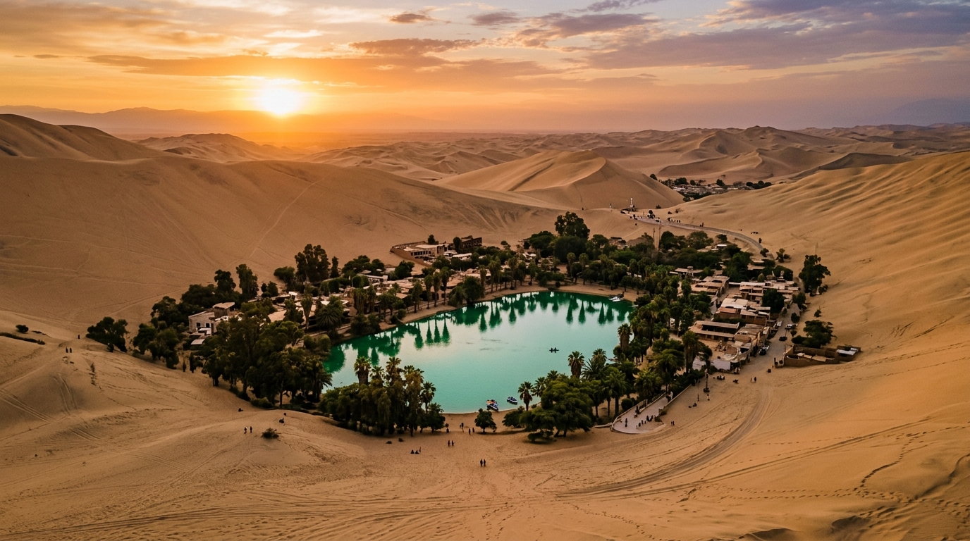 Oasis de Huacachina al atardecer rodeado de dunas doradas